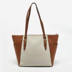Pre Owned Michael Kors Brown/White Signature Coated Canvas and Leather Charlotte Top Zip Tote