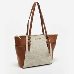 Pre Owned Michael Kors Brown/White Signature Coated Canvas and Leather Charlotte Top Zip Tote