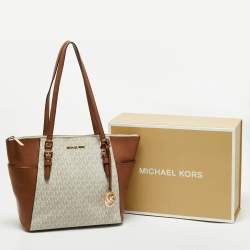 Pre Owned Michael Kors Brown/White Signature Coated Canvas and Leather Charlotte Top Zip Tote