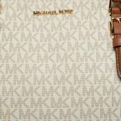 Pre Owned Michael Kors Brown/White Signature Coated Canvas and Leather Charlotte Top Zip Tote