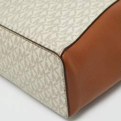 Pre Owned Michael Kors Brown/White Signature Coated Canvas and Leather Charlotte Top Zip Tote
