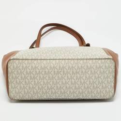 Pre Owned Michael Kors Brown/White Signature Coated Canvas and Leather Charlotte Top Zip Tote