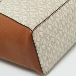 Pre Owned Michael Kors Brown/White Signature Coated Canvas and Leather Charlotte Top Zip Tote