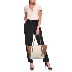 Pre Owned Michael Kors Brown/White Signature Coated Canvas and Leather Charlotte Top Zip Tote