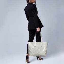 Michael Kors White/Light Grey Signature Coated Canvas Large Jodie Tote