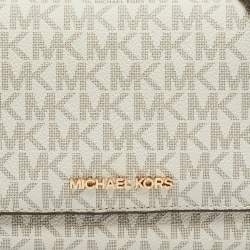 Michael Kors White/Brown Signature Coated Canvas and Leather Jet Set Phone Crossbody Bag