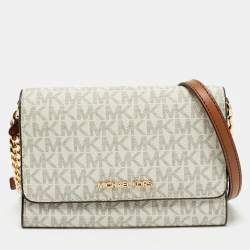 Michael Kors White/Brown Signature Coated Canvas and Leather Jet Set Phone Crossbody Bag