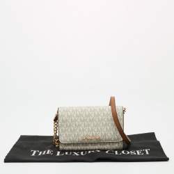 Michael Kors White/Brown Signature Coated Canvas and Leather Jet Set Phone Crossbody Bag