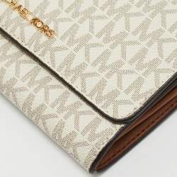 Michael Kors White/Brown Signature Coated Canvas and Leather Jet Set Phone Crossbody Bag