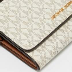 Michael Kors White/Brown Signature Coated Canvas and Leather Jet Set Phone Crossbody Bag