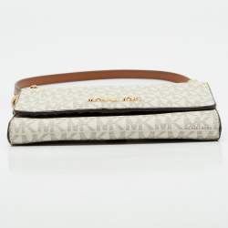 Michael Kors White/Brown Signature Coated Canvas and Leather Jet Set Phone Crossbody Bag