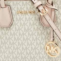 Pre Owned Michael Kors Ivory/Pink Signature Coated Canvas and Leather Mini Mercer Tote