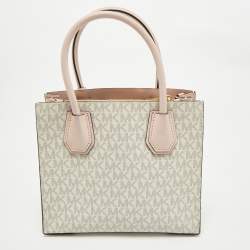 Pre Owned Michael Kors Ivory/Pink Signature Coated Canvas and Leather Mini Mercer Tote