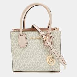 Pre Owned Michael Kors Ivory/Pink Signature Coated Canvas and Leather Mini Mercer Tote