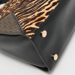 Pre Owned Michael Kors Black/Brown Leopard Print Calf Hair and Leather Large Prism Satchel
