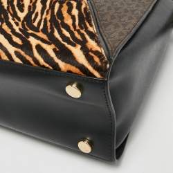 Pre Owned Michael Kors Black/Brown Leopard Print Calf Hair and Leather Large Prism Satchel
