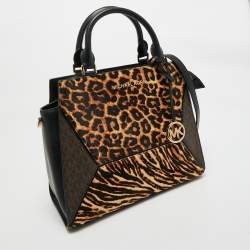 Pre Owned Michael Kors Black/Brown Leopard Print Calf Hair and Leather Large Prism Satchel