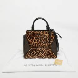 Pre Owned Michael Kors Black/Brown Leopard Print Calf Hair and Leather Large Prism Satchel