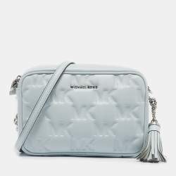 Pre Owned Michael Kors Soft Sky Blue Signature Embossed Faux Leather Medium Jet Set Camera Bag