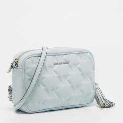 Pre Owned Michael Kors Soft Sky Blue Signature Embossed Faux Leather Medium Jet Set Camera Bag
