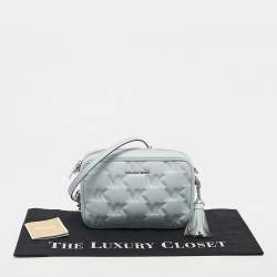 Pre Owned Michael Kors Soft Sky Blue Signature Embossed Faux Leather Medium Jet Set Camera Bag