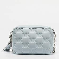 Pre Owned Michael Kors Soft Sky Blue Signature Embossed Faux Leather Medium Jet Set Camera Bag