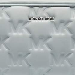 Pre Owned Michael Kors Soft Sky Blue Signature Embossed Faux Leather Medium Jet Set Camera Bag