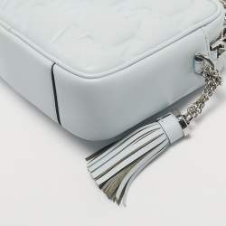 Pre Owned Michael Kors Soft Sky Blue Signature Embossed Faux Leather Medium Jet Set Camera Bag