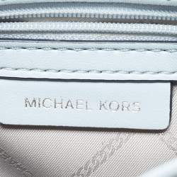 Pre Owned Michael Kors Soft Sky Blue Signature Embossed Faux Leather Medium Jet Set Camera Bag