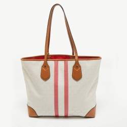 Pre Owned حقيبة يد توتس مايكل كورس إيفا قماش توقيع مخطط أبيض / بني كبير الحجم