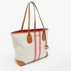 Pre Owned حقيبة يد توتس مايكل كورس إيفا قماش توقيع مخطط أبيض / بني كبير الحجم