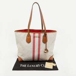 Pre Owned حقيبة يد توتس مايكل كورس إيفا قماش توقيع مخطط أبيض / بني كبير الحجم