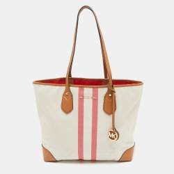 Pre Owned حقيبة يد توتس مايكل كورس إيفا قماش توقيع مخطط أبيض / بني كبير الحجم