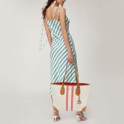 Pre Owned حقيبة يد توتس مايكل كورس إيفا قماش توقيع مخطط أبيض / بني كبير الحجم