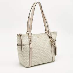 Pre Owned Michael Kors White/Pink Signature Coated Canvas Medium Sullivan Tote