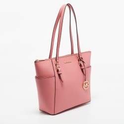 Pre Owned Michael Kors Pink Leather Charlotte Top Zip Tote
