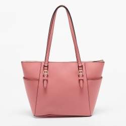 Pre Owned Michael Kors Pink Leather Charlotte Top Zip Tote