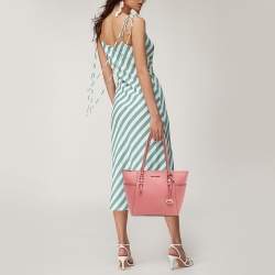 Pre Owned Michael Kors Pink Leather Charlotte Top Zip Tote