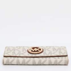 Pre Owned Michael Kors White/Brown Signature Coated Canvas and Leather Fulton Continental Wallet