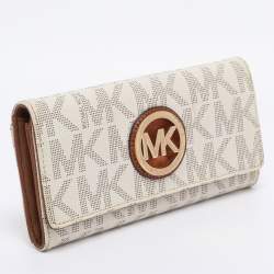 Pre Owned Michael Kors White/Brown Signature Coated Canvas and Leather Fulton Continental Wallet