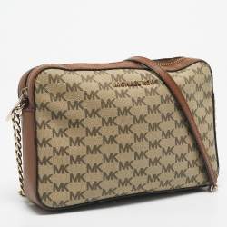 Pre Owned Michael Kors Brown/Beige Signature Coated Canvas and Leather Jet Set Camera Crossbody Bag