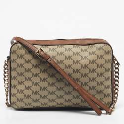 Pre Owned Michael Kors Brown/Beige Signature Coated Canvas and Leather Jet Set Camera Crossbody Bag