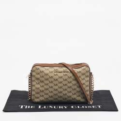 Pre Owned Michael Kors Brown/Beige Signature Coated Canvas and Leather Jet Set Camera Crossbody Bag