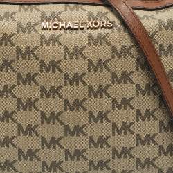Pre Owned Michael Kors Brown/Beige Signature Coated Canvas and Leather Jet Set Camera Crossbody Bag