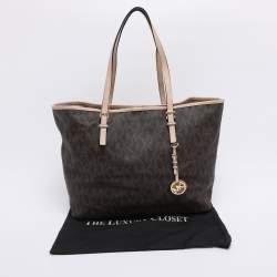 Pre Owned Michael Kors Brown Signature Coated Canvas Jet Set Travel Tote