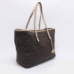 Pre Owned Michael Kors Brown Signature Coated Canvas Jet Set Travel Tote