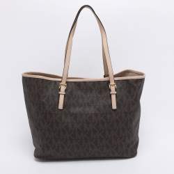 Pre Owned Michael Kors Brown Signature Coated Canvas Jet Set Travel Tote