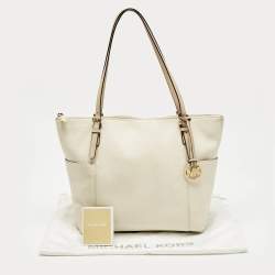 Pre Owned MICHAEL Michael Kors Off White/Beige Leather Jet Set East West Tote
