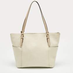 Pre Owned MICHAEL Michael Kors Off White/Beige Leather Jet Set East West Tote