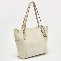 Pre Owned MICHAEL Michael Kors Off White/Beige Leather Jet Set East West Tote